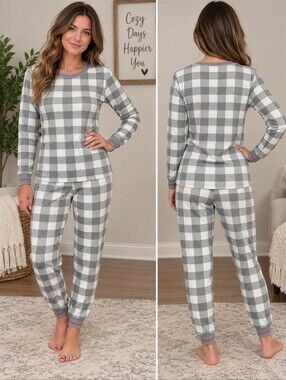 Women’s Size S Gray & White Buffalo Check Pajama Set  Cozy Lounge & Sleepwear